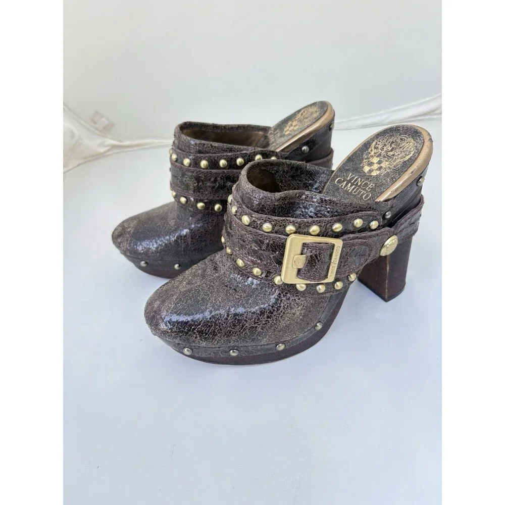 Vince Camuto Christies Clogs Shoes Brown Distressed Leather Slip On Women's 7.5